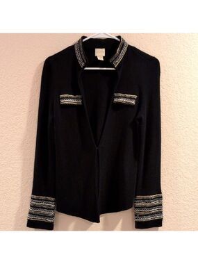 Elegant Black Jacket Sweater Embellished, 1 Hook On The Front,By Chico's,Sz.0 XS